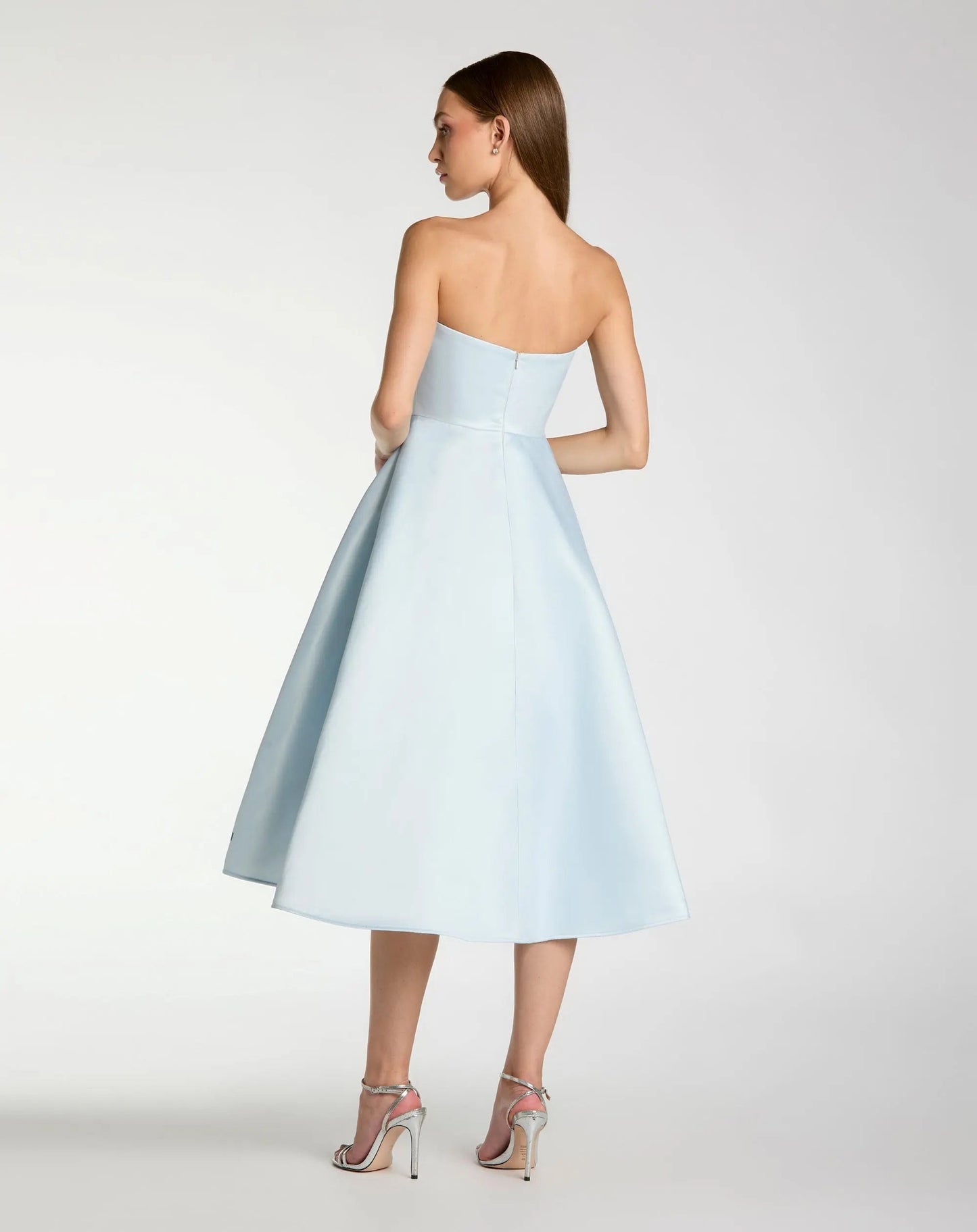Blue Strapless Satin Midi Dress With Flower Print
