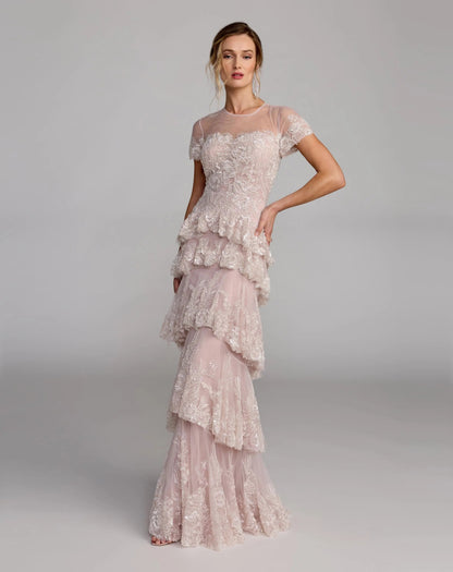 Light Pink Embellished High Neck Gown With Tiered Ruffle Skirt