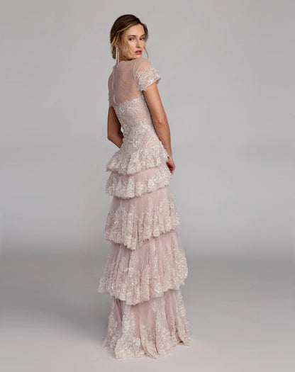 Light Pink Embellished High Neck Gown With Tiered Ruffle Skirt