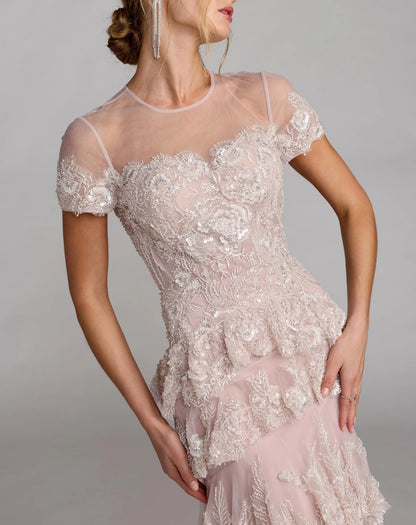 Light Pink Embellished High Neck Gown With Tiered Ruffle Skirt