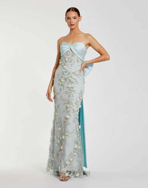 Blue Strapless Sweetheart Embellished Gown With Bow