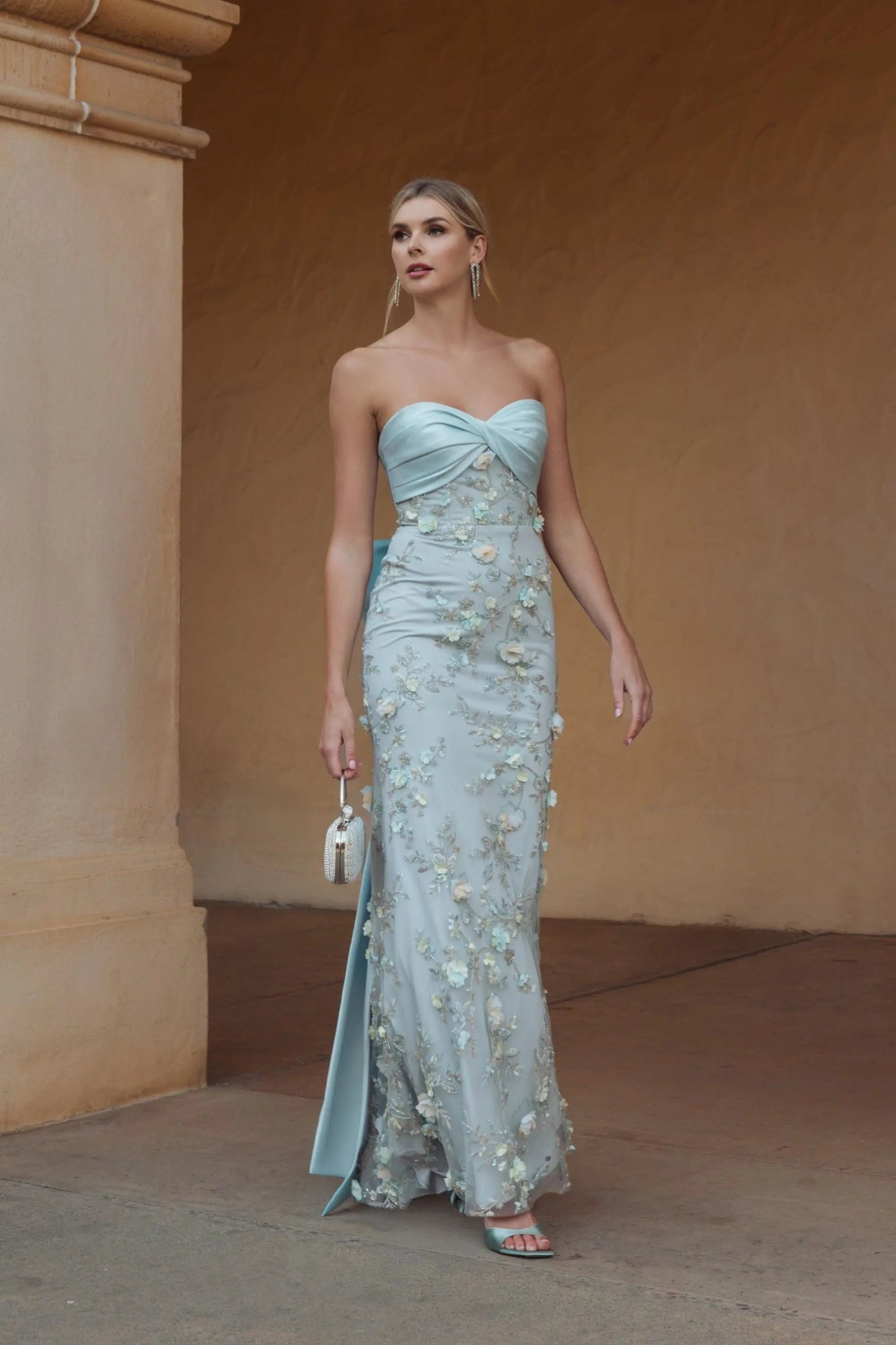 Blue Strapless Sweetheart Embellished Gown With Bow