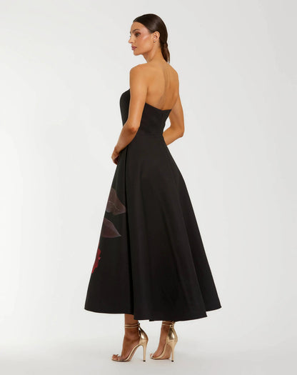 Black Printed Satin Strapless Midi Dress With Pockets