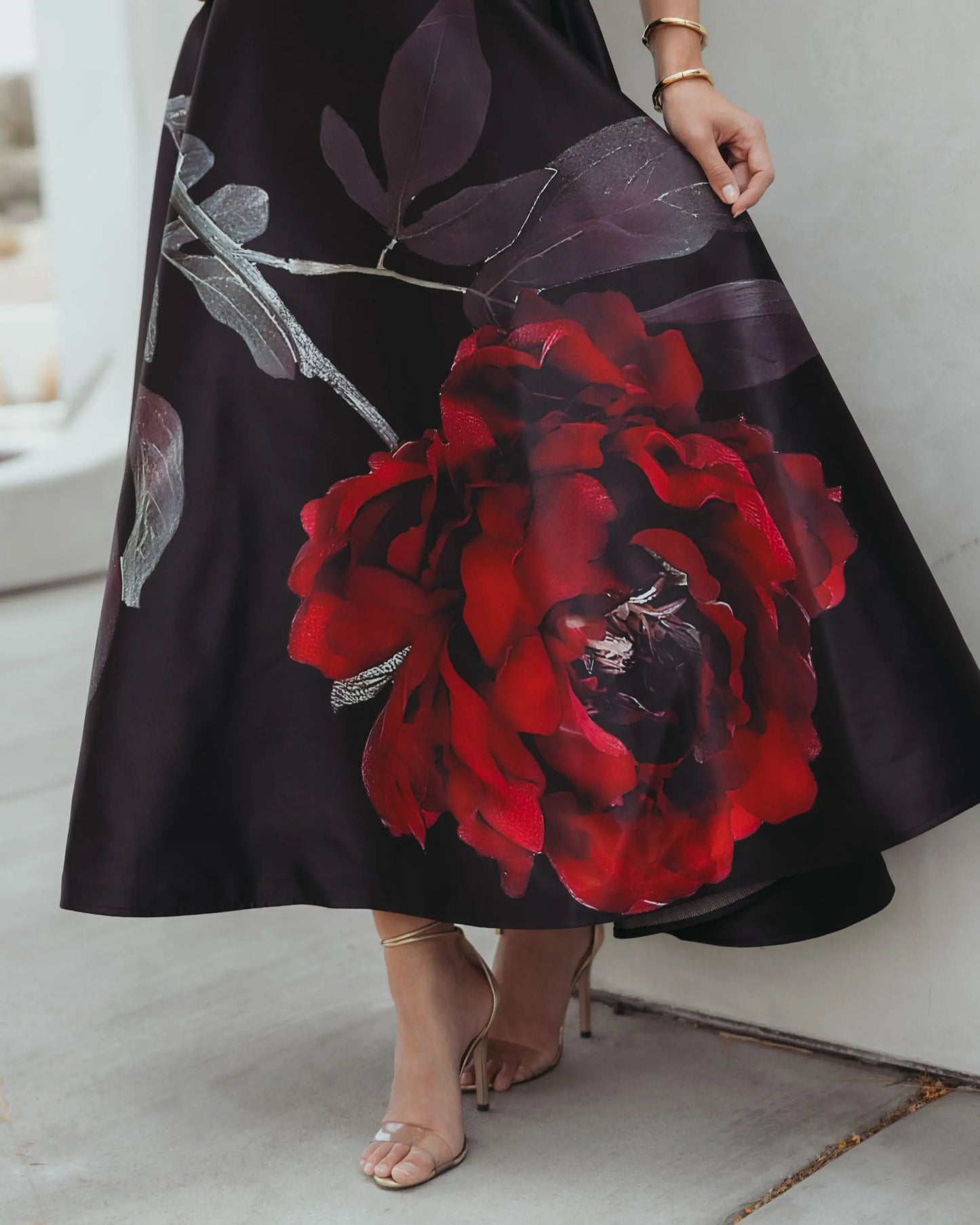 Black Printed Satin Strapless Midi Dress With Pockets