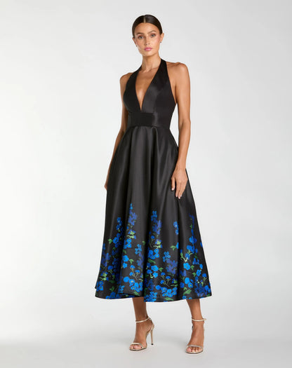 Black Halter Neck Floral Printed Satin Midi Dress