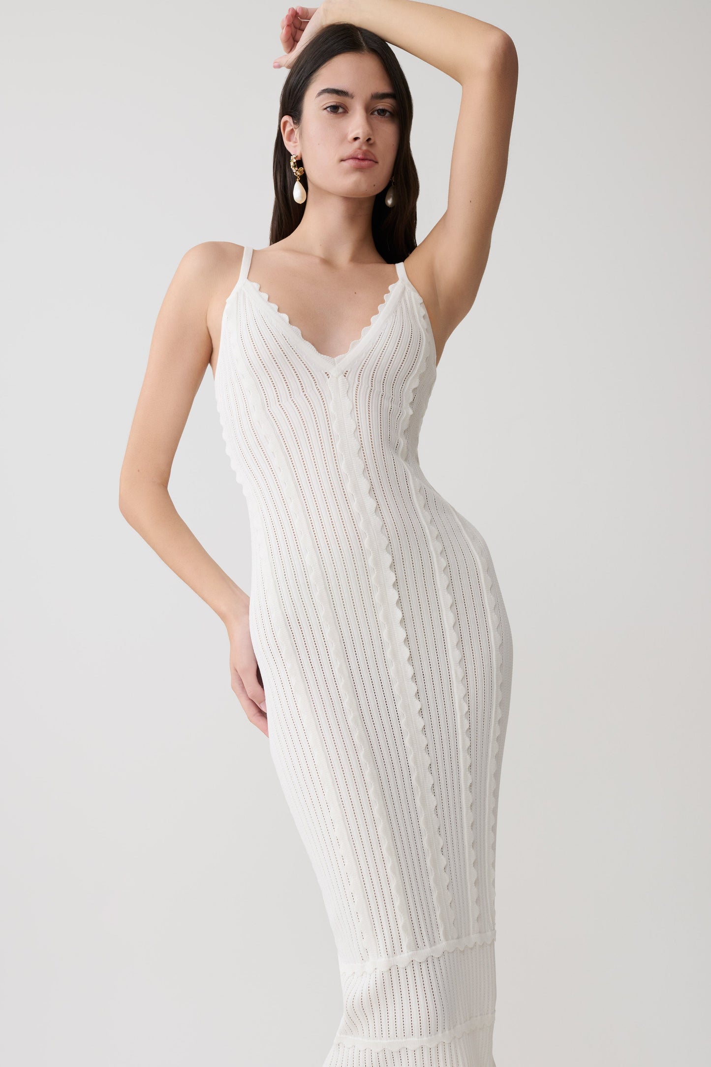 Cooper Scalloped Neckline Pointelle Midi Dress - White