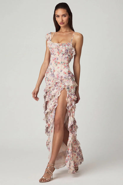 Asymmetric Ruffled Lace-Up Gown in Primrose Floral Print