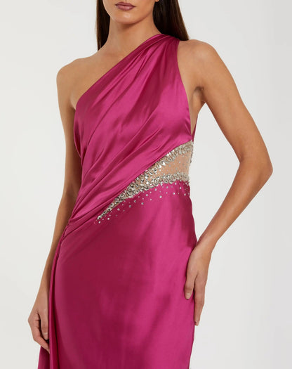 Dark Pink One Shoulder Charmeuse Gown With Beaded Cutout