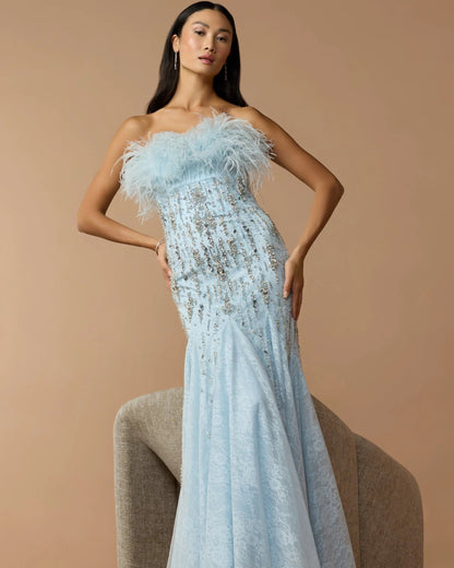 Blue Feather Embellished Strapless Mermaid Gown