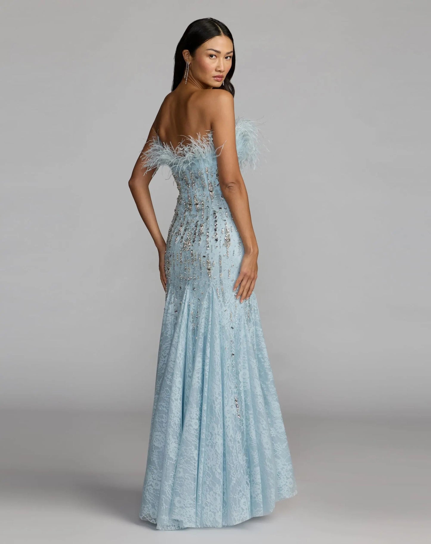 Blue Feather Embellished Strapless Mermaid Gown