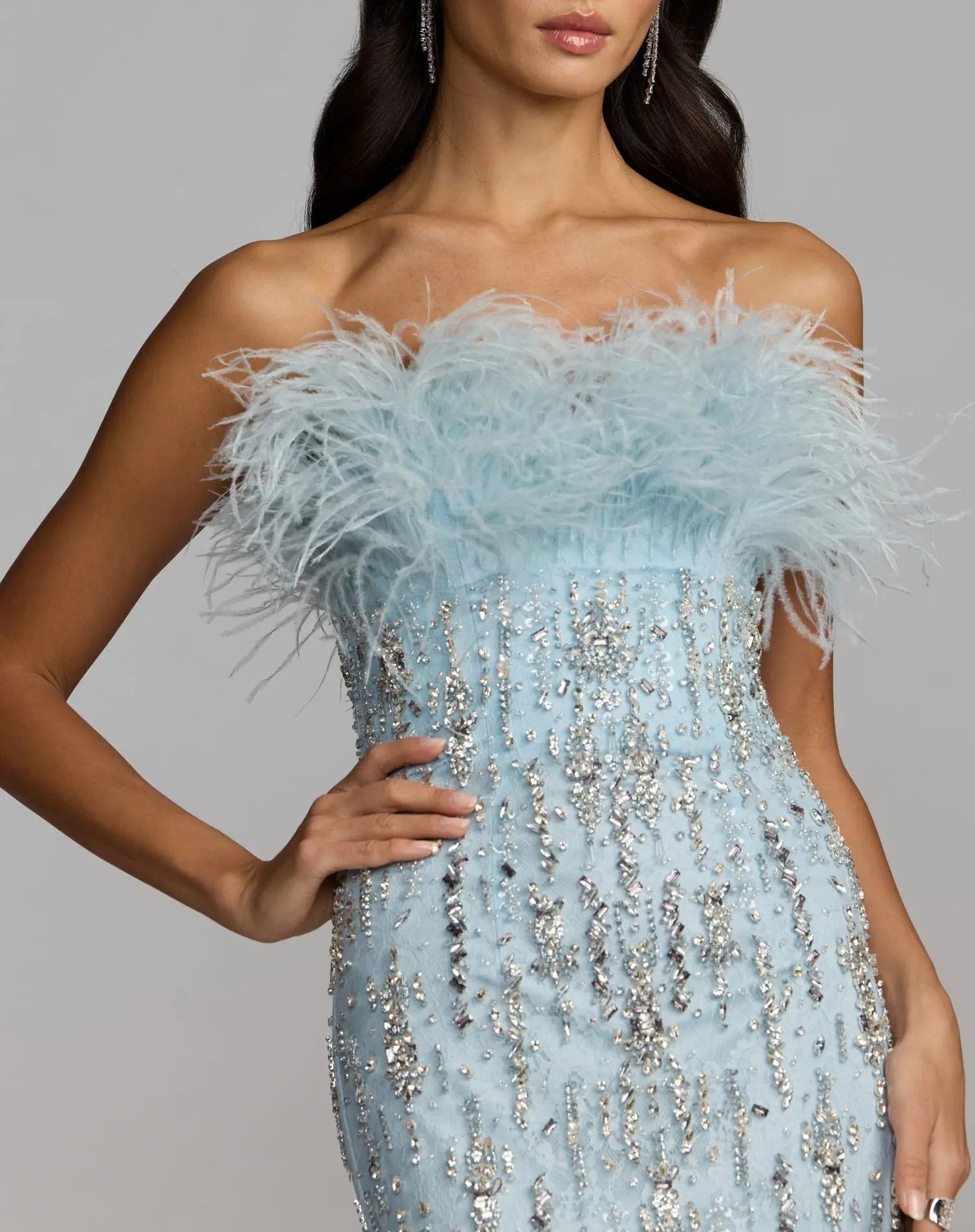 Blue Feather Embellished Strapless Mermaid Gown