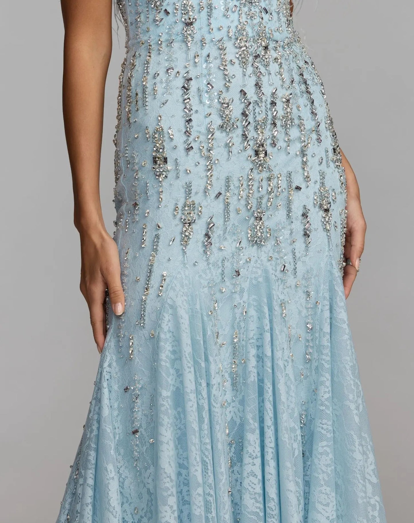 Blue Feather Embellished Strapless Mermaid Gown