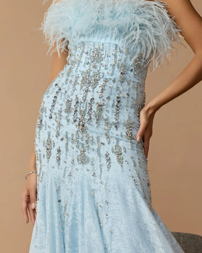 Blue Feather Embellished Strapless Mermaid Gown
