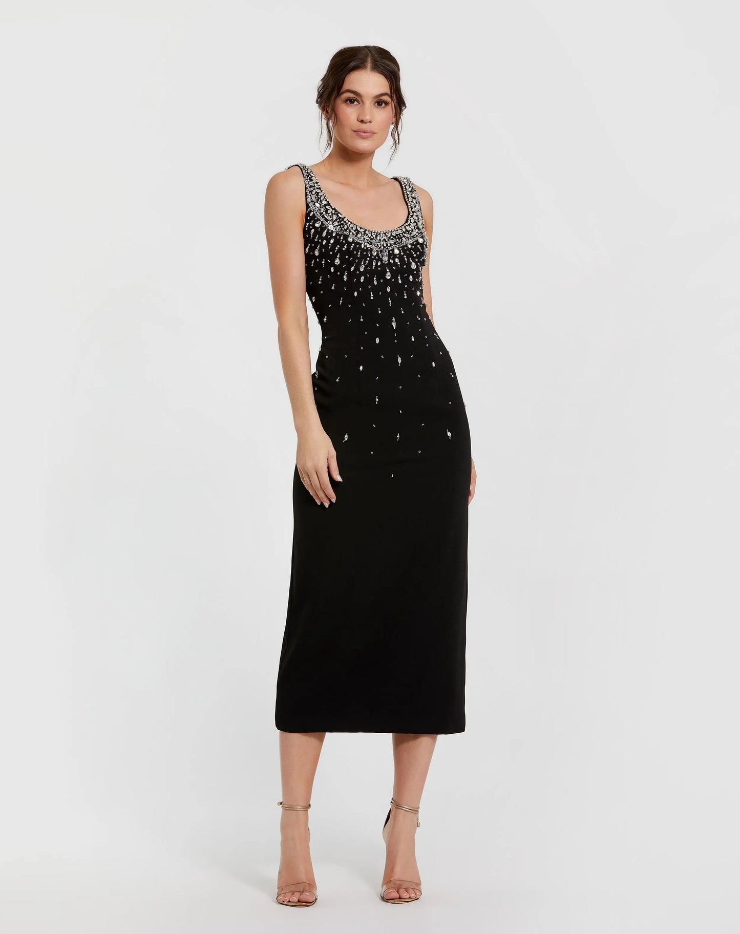 Beaded Crepe Scoop Neck Sleeveless Midi Dress
