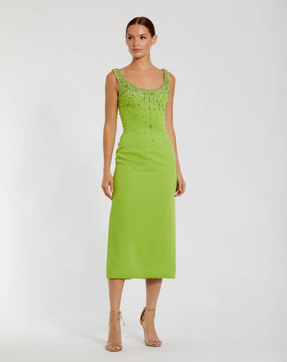 Beaded Crepe Scoop Neck Sleeveless Midi Dress