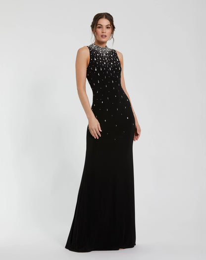 Black Rhinestone Embellished Sleeveless Crepe Gown