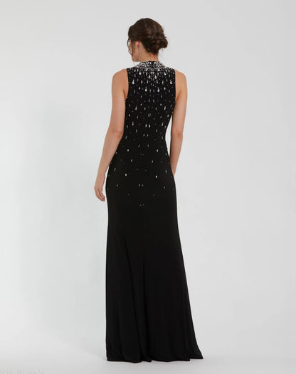 Black Rhinestone Embellished Sleeveless Crepe Gown
