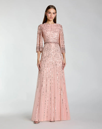 High Neck Embellished Gown With 3/4 Sleeves