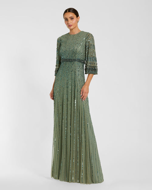High Neck Embellished Gown With 3/4 Sleeves