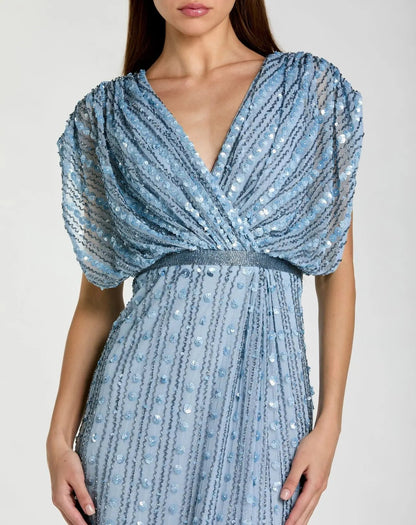 Blue Embellished Blouson V Neck Column Gown