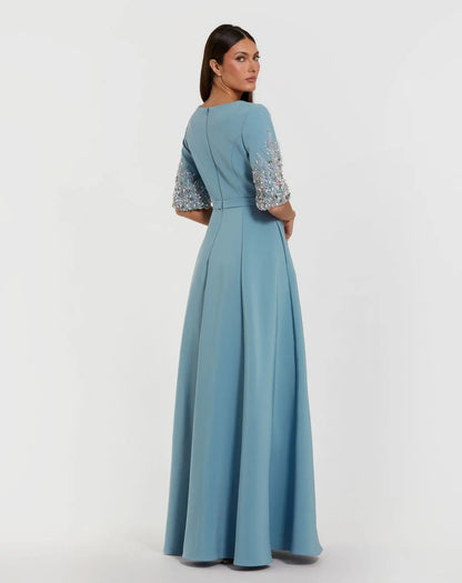 Blue Crepe Gown With Embellished 3/4 Sleeves