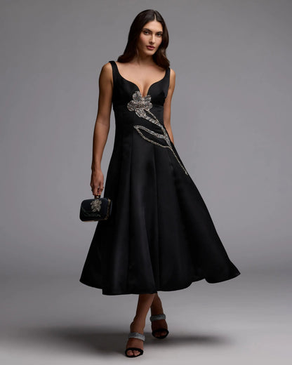 Black A-Line Midi Dress With Embellished Flower