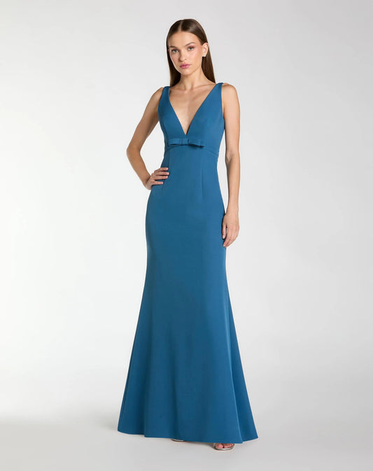 Blue Crepe Sleeveless V Neck Mermaid Gown With Bow