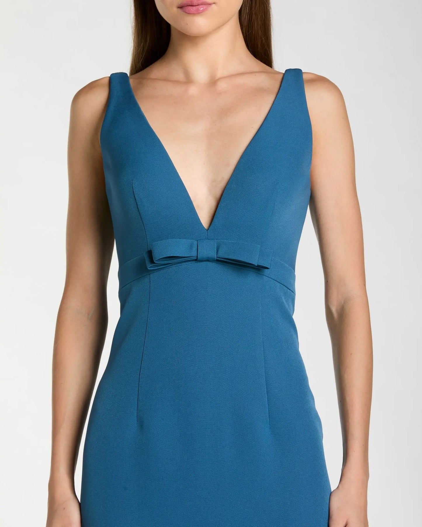 Blue Crepe Sleeveless V Neck Mermaid Gown With Bow