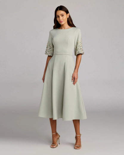 Green Crepe A Line Midi Dress With Beaded Sleeves
