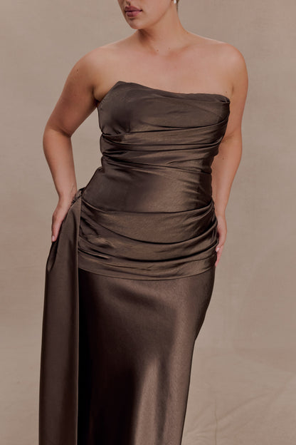 Sarah Strapless Maxi Dress With Waist Tie - Mocha