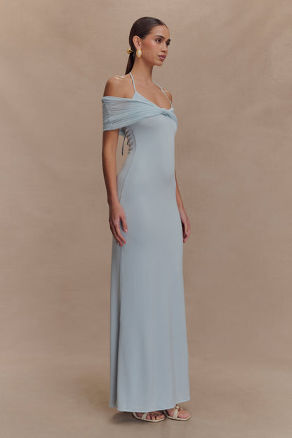 Bernadina Mesh And Slinky Halter Maxi Dress - Pale Blue