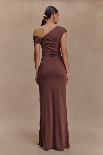 Ashford Asymmetrical Slinky Maxi Dress - Chocolate