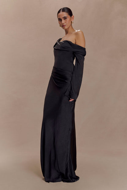 Iris Long Sleeve Satin Maxi Dress - Black