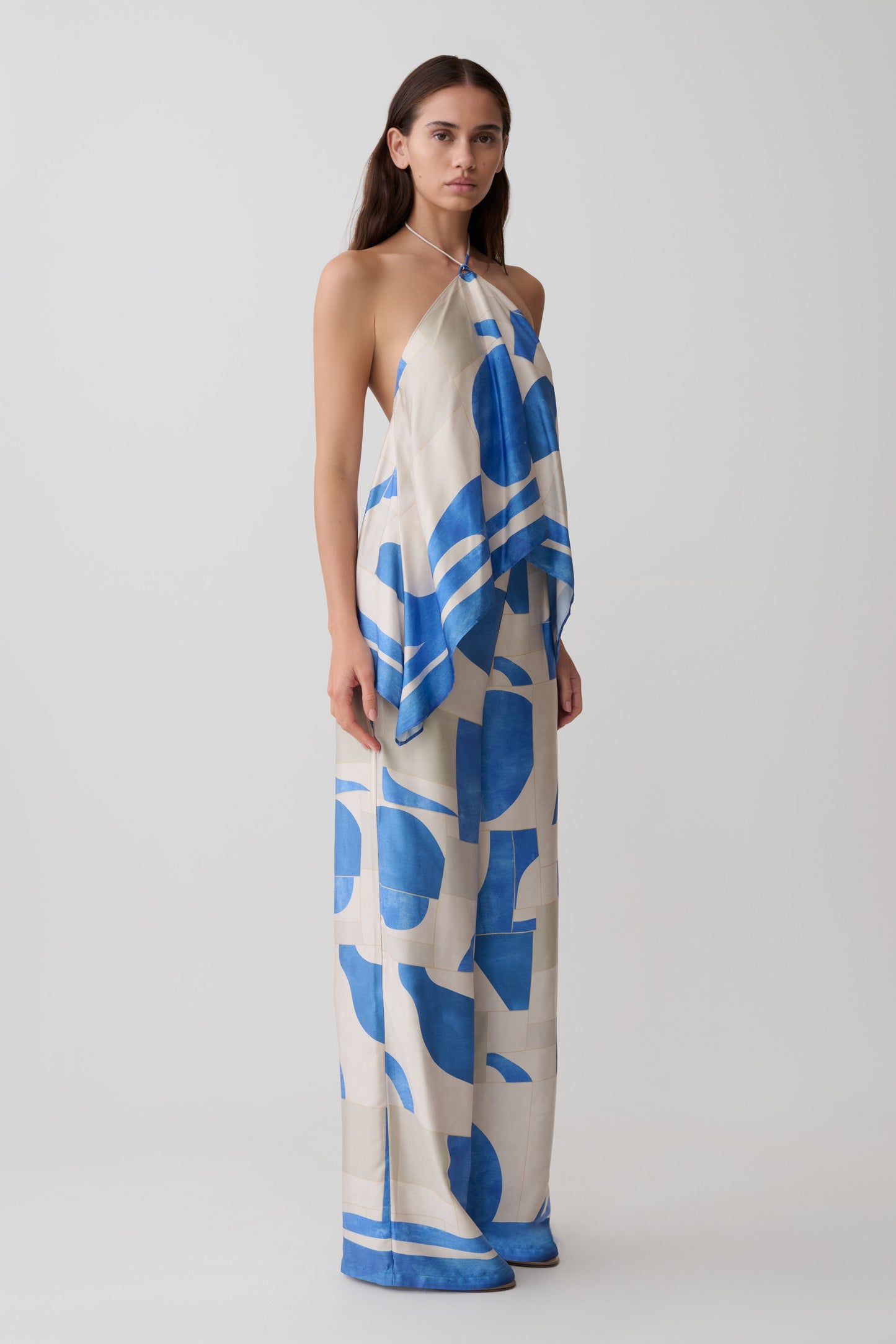 Rachel Satin Straight Leg Pants - Blue Geo Tile Print