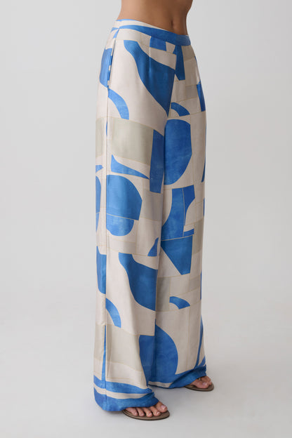 Rachel Satin Straight Leg Pants - Blue Geo Tile Print