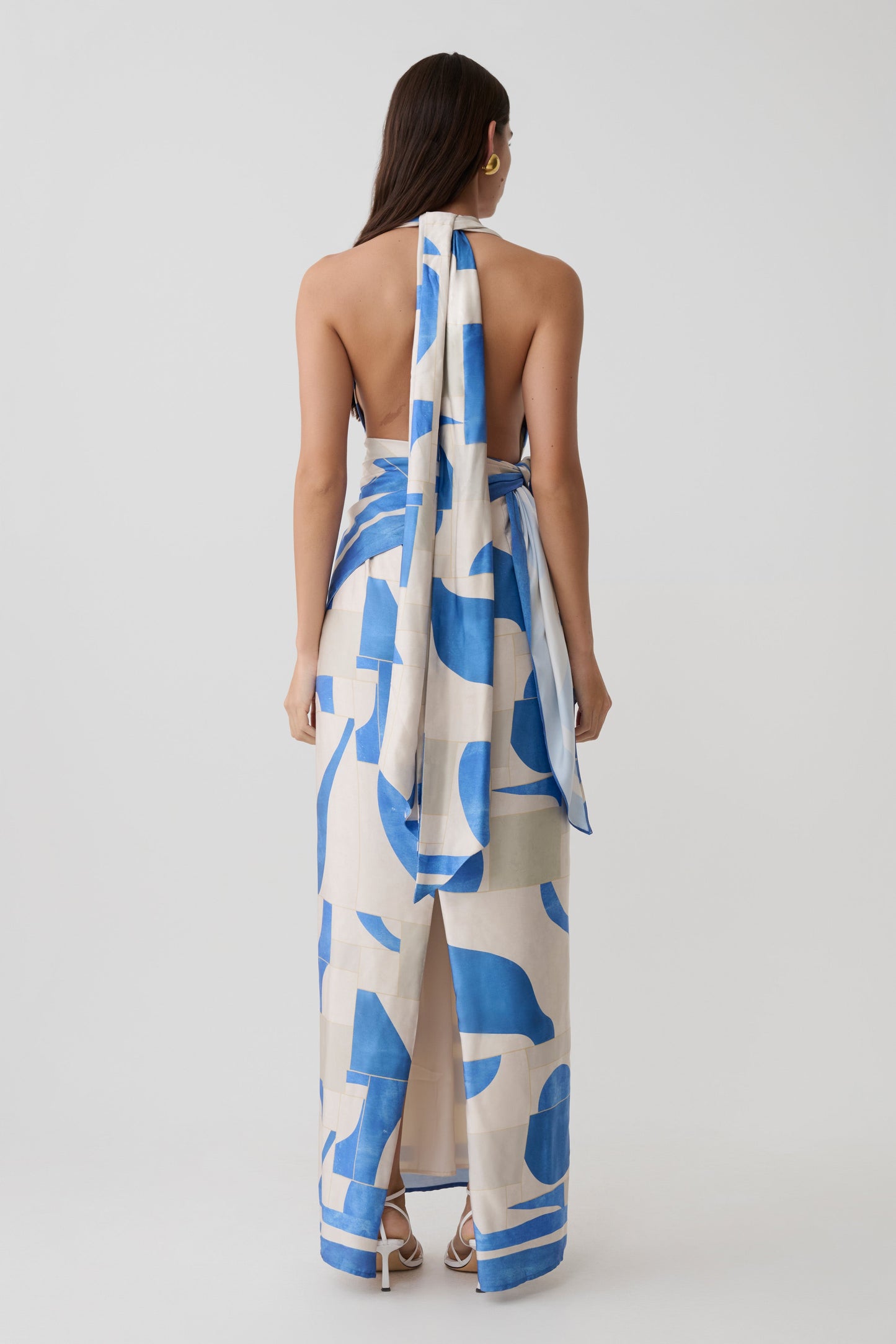 Gianna Satin Halter Maxi Dress - Blue Geo Tile Print