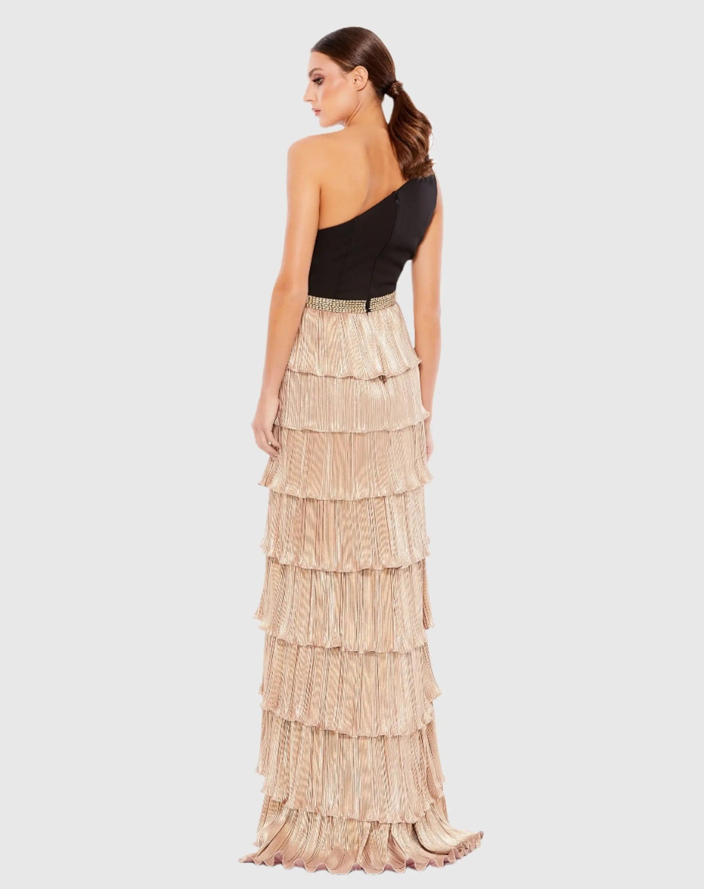 Black and Gold One Shoulder Tiered Ruffle A-Line Gown