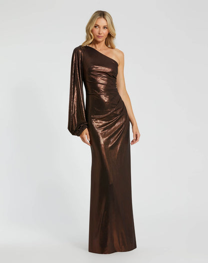 Brown One Shoulder Long Sleeve Metallic Gown