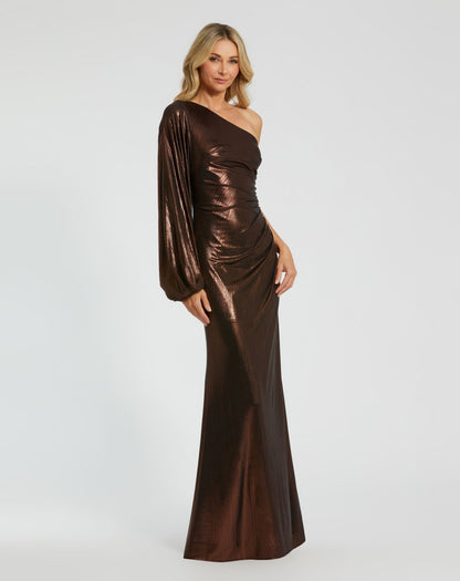 Brown One Shoulder Long Sleeve Metallic Gown