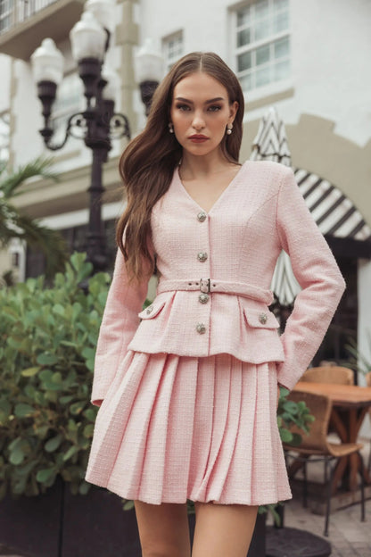 Light Pink Boucle Long Sleeve V-Neck Mini Dress