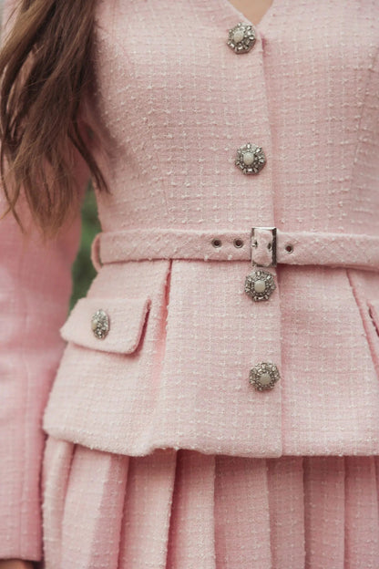 Light Pink Boucle Long Sleeve V-Neck Mini Dress