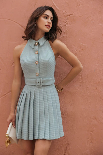 Blue Pleated A Line Mini Dress with Pearl Button Detail