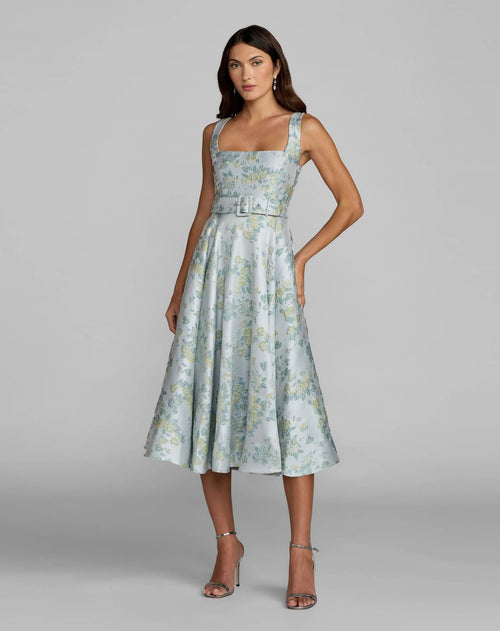 Blue Sleeveless Belted A-Line Midi Dress