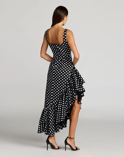Black Sleeveless Polka Dot Midi Dress With Ruffled Hem