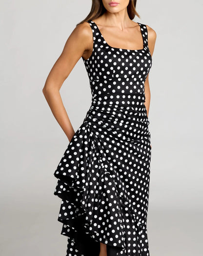 Black Sleeveless Polka Dot Midi Dress With Ruffled Hem