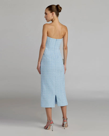 Blue Boucle Strapless 3D Floral Midi Dress