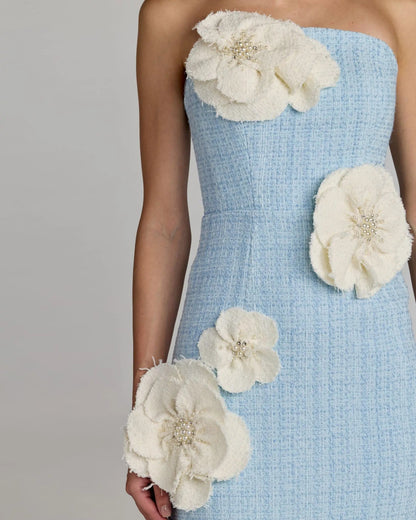 Blue Boucle Strapless 3D Floral Midi Dress