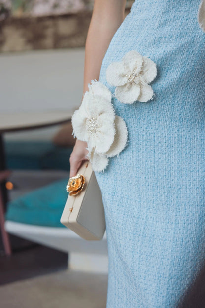 Blue Boucle Strapless 3D Floral Midi Dress
