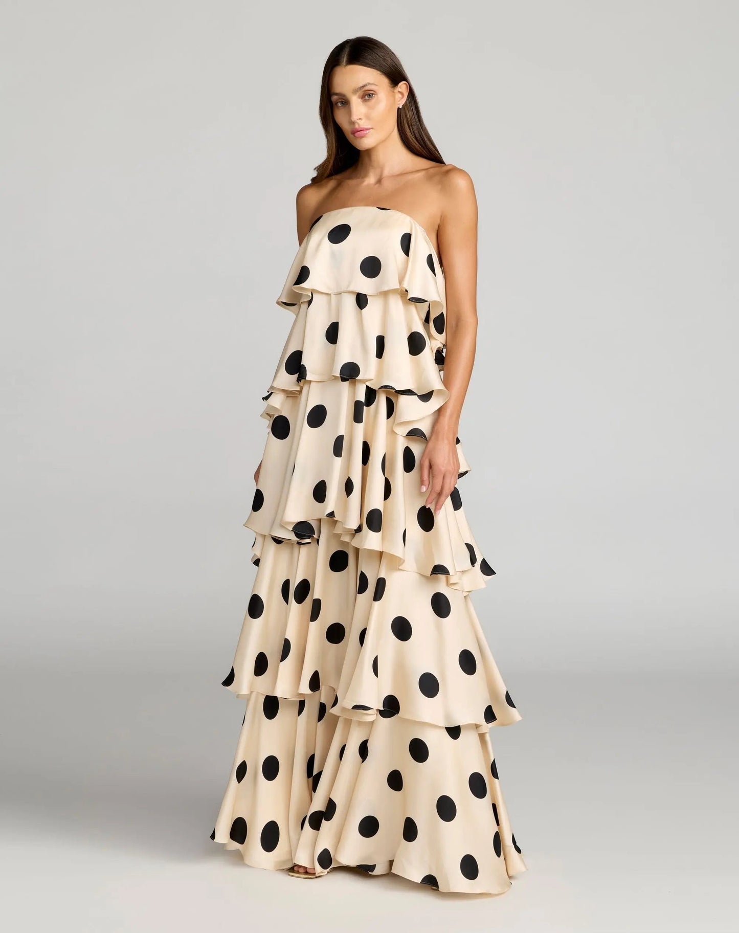 Beige Strapless Polka Dot Charmeuse Ruffle Gown