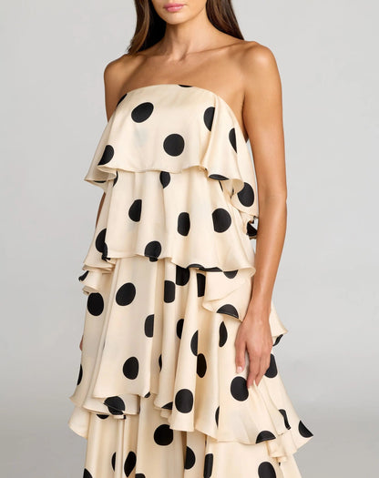 Beige Strapless Polka Dot Charmeuse Ruffle Gown